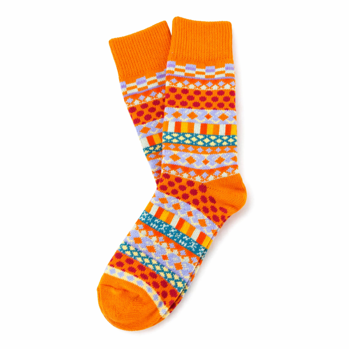 Colorful Scandinavian Style Socks patterned sock with orange cuffs and toes on a white background