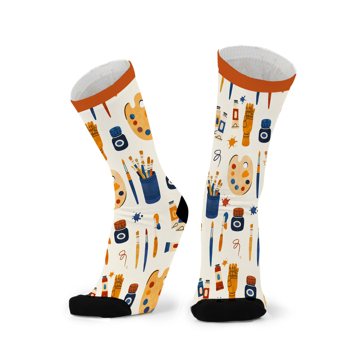 Art themed bamboo socks featuring paint and brushes on a white background.