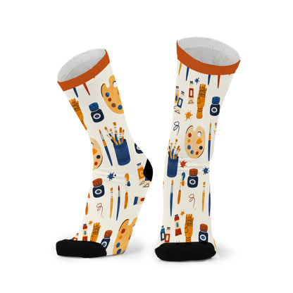 Art themed bamboo socks featuring paint and brushes on a white background.