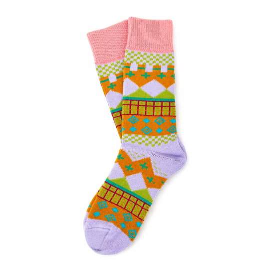 Colorful patterned socks with pink cuffs on a white background. Scandinavian Style Socks in Purple colour by RedFoxSox