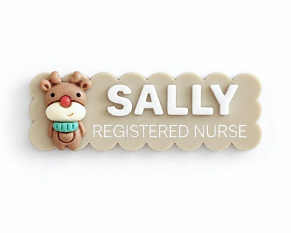 Beige scalloped reindeer Christmas name badge reading Sally, Registered Nurse