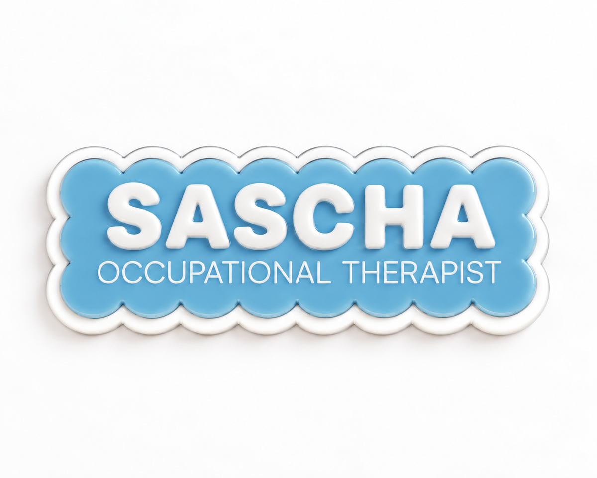 Blue scalloped name badge reading 'Sascha – Occupational Therapist'