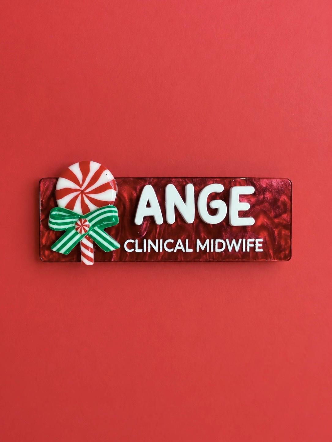 Candy cane Christmas name badge for healthcare staff