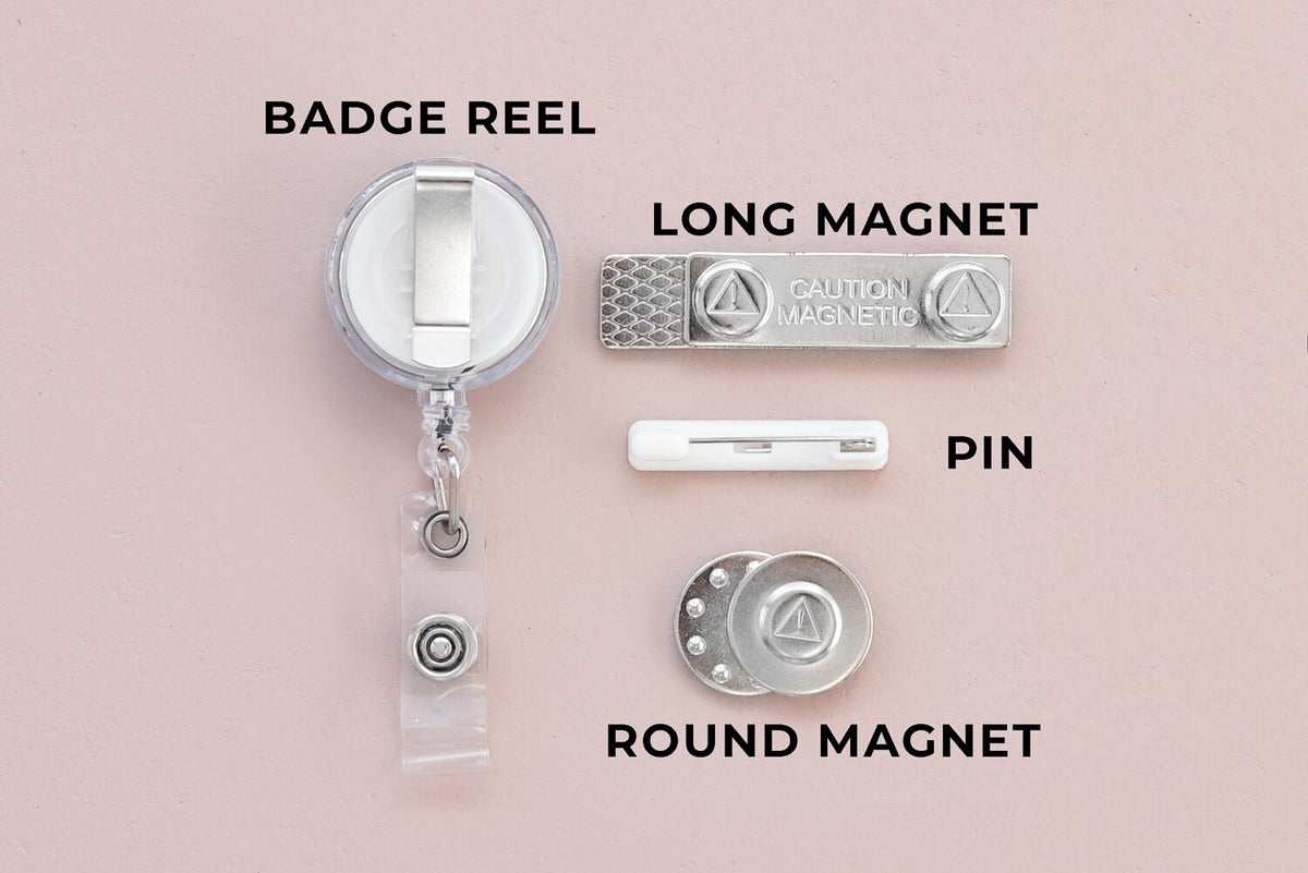 Backing options for Christmas badges: badge reel, long magnet, pin and round magnet