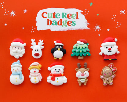 Christmas badge reel charm options: Santa, reindeer, penguin, snowman and Christmas tree
