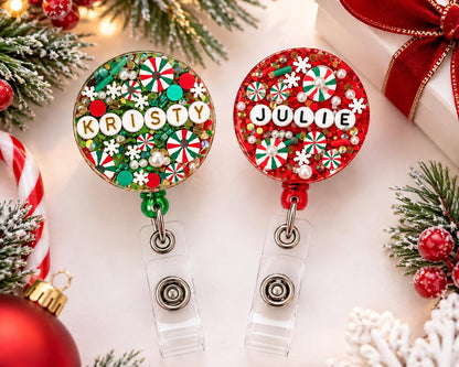 Personalised red and green Christmas badge reels styled with Christmas decorations, a nurse Secret Santa gift