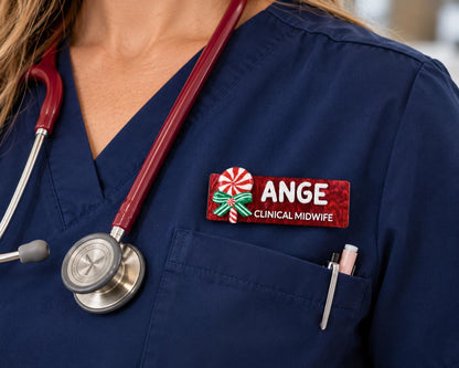 Personalised red Christmas candy cane name badge worn on a nurse's scrub top