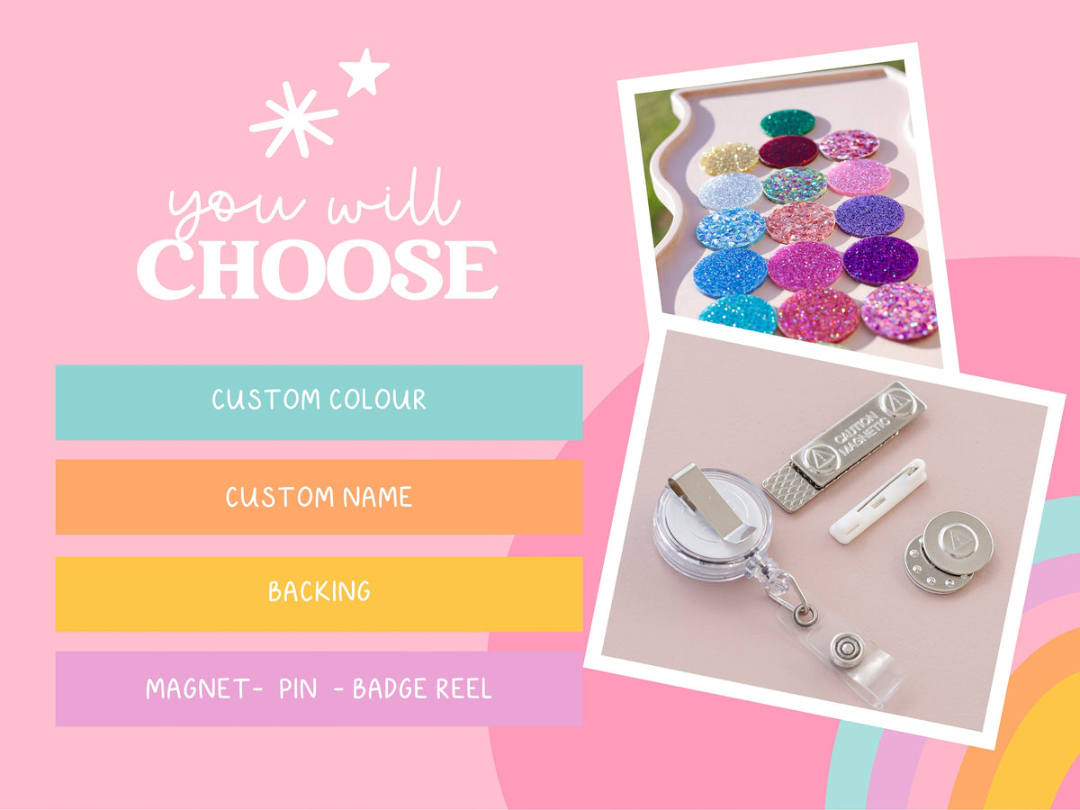 Glitter colour and Christmas charm options for personalised Christmas name badges
