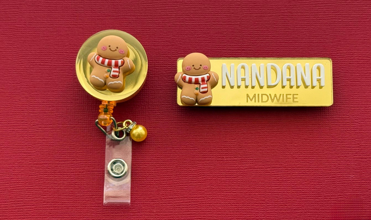 Gingerbread Christmas badge reel in gold glitter with a matching Nandana Midwife name badge