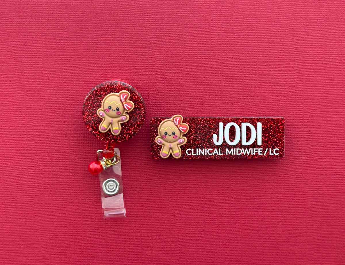 Gingerbread Christmas badge reel on red glitter with a matching Jodi name badge