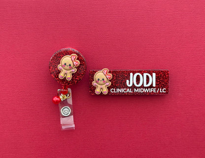 Gingerbread Christmas badge reel on red glitter with a matching Jodi name badge