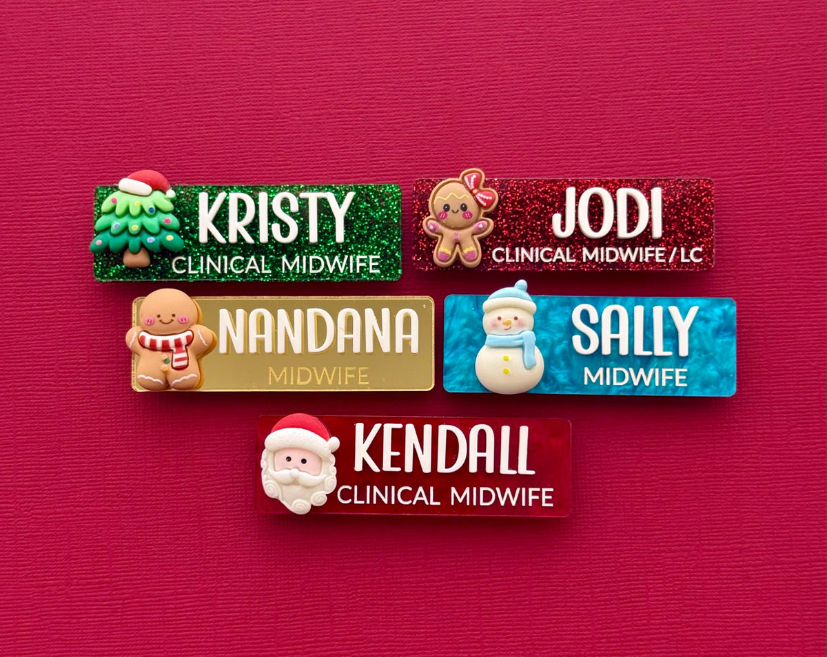 Set of personalised glitter Christmas name badges for clinical midwives Kristy, Jodi, Nandana, Sally and Kendall