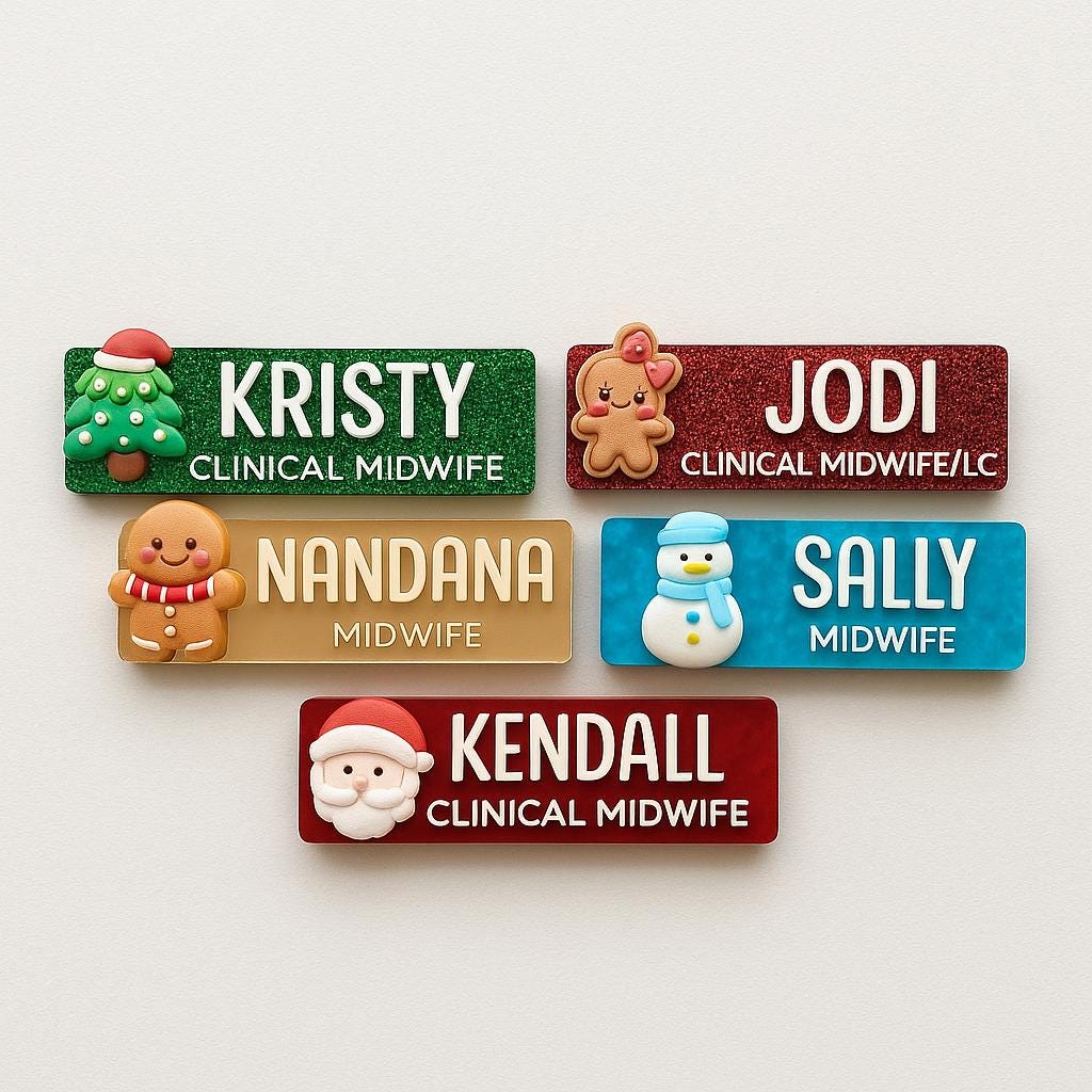 Glitter Christmas name badges with Christmas tree, gingerbread, snowman and Santa charms for midwives