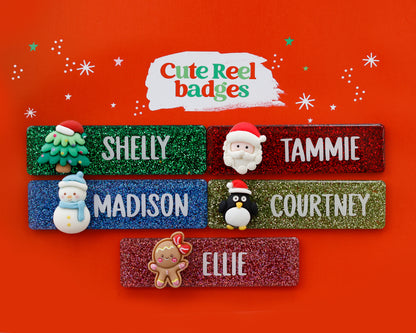 Glitter Christmas name badges with tree, snowman, gingerbread and Santa charms for Shelly, Tammie, Madison, Courtney and Ellie