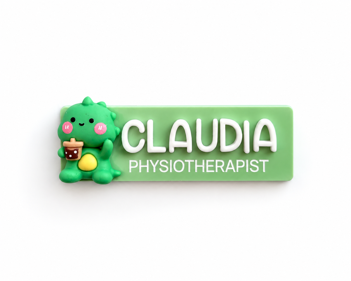 Green dinosaur name badge reading 'Claudia – Physiotherapist'