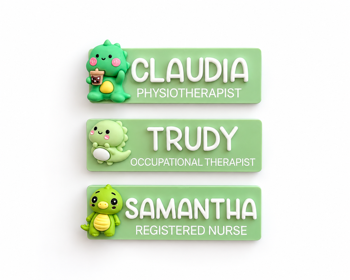 Green dinosaur name badges for a physiotherapist, occupational therapist and registered nurse