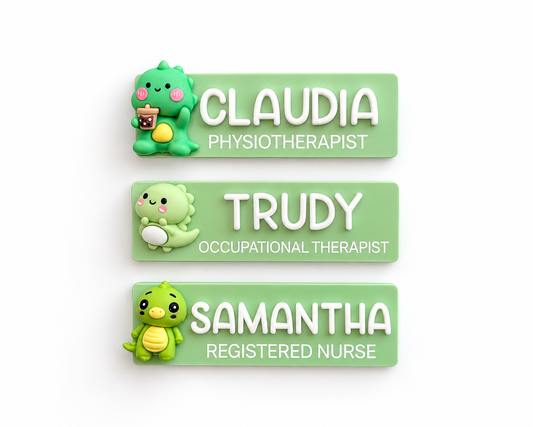Green dinosaur name badges for a physiotherapist, occupational therapist and registered nurse