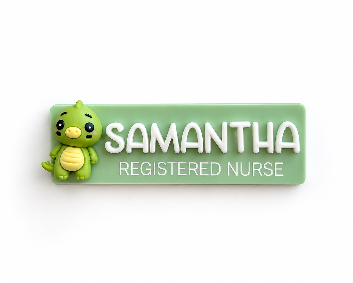Green dinosaur nurse name badge reading 'Samantha – Registered Nurse'