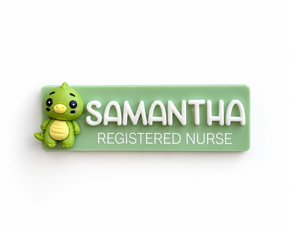 Green dinosaur nurse name badge reading 'Samantha – Registered Nurse'