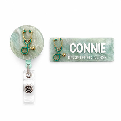 Green marble registered nurse name badge with stethoscope