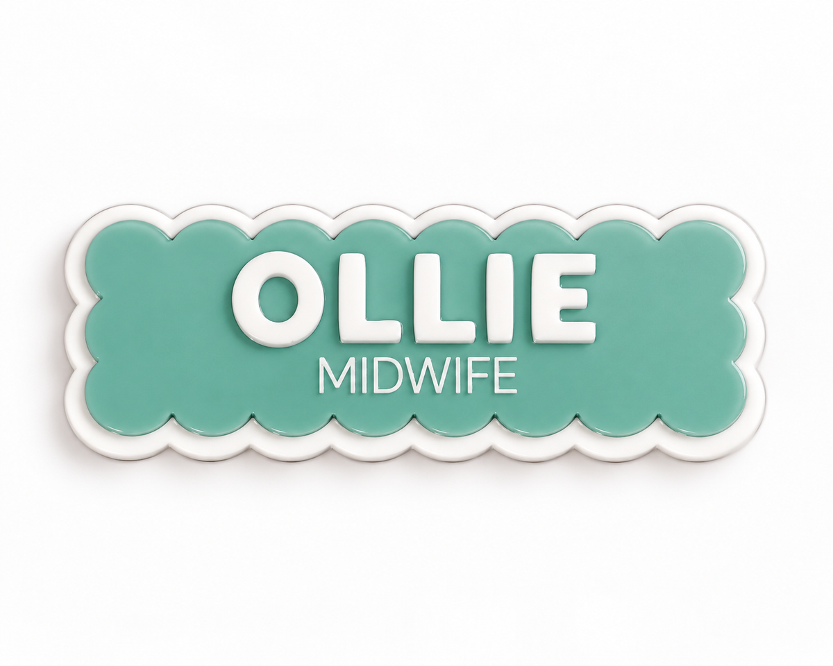 Green scalloped midwife name badge reading 'Ollie – Midwife'