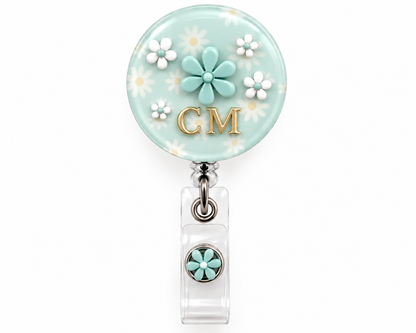 Lavender daisy matching set: retractable badge reel with gold 'RN' and 'Kaya – Registered Nurse' name badge