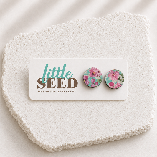 Wooden Stud Earrings Pink Bush Flowers