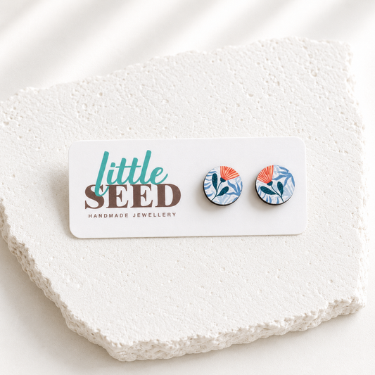 Wooden Stud Earrings Blue Floral