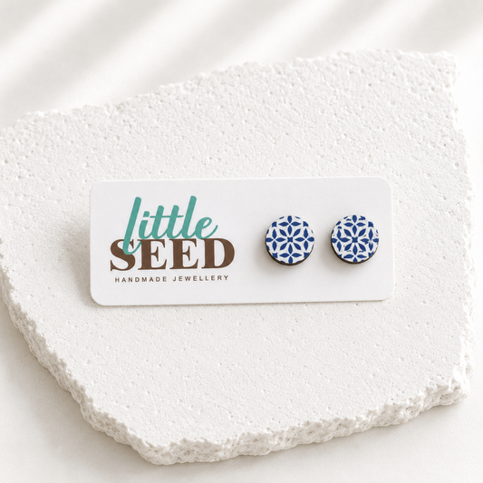 Wooden Stud Earrings Blue Mosaic