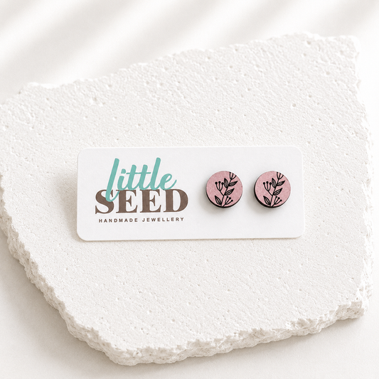 Wooden Stud Earrings Pink Bush Flower