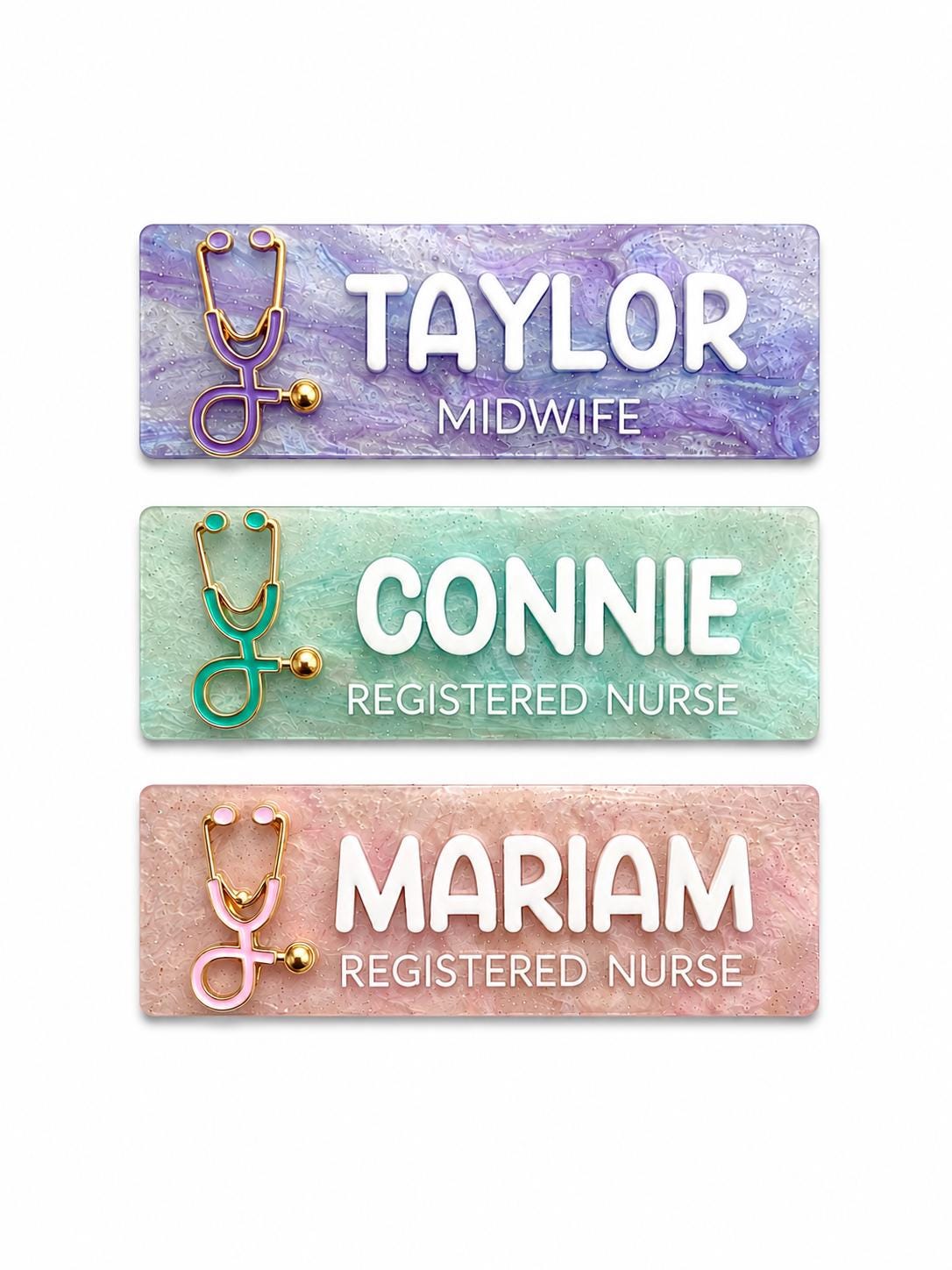 Custom nurse ID tags with stethoscope charm in purple, teal and pink marble