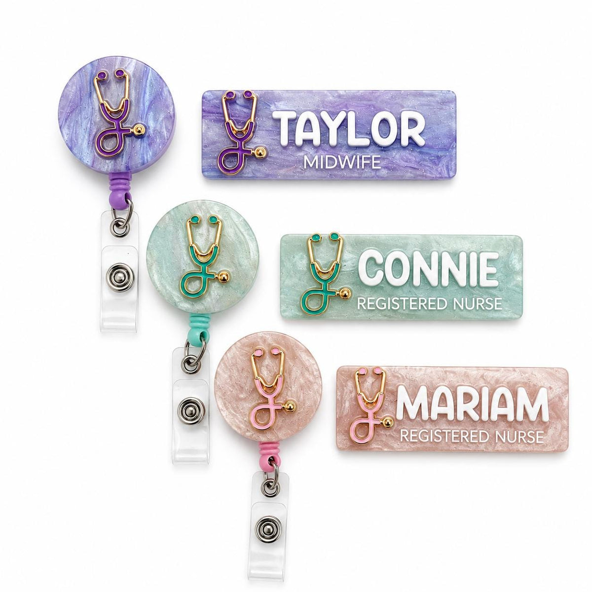 Marble nurse name badges with matching badge reels
