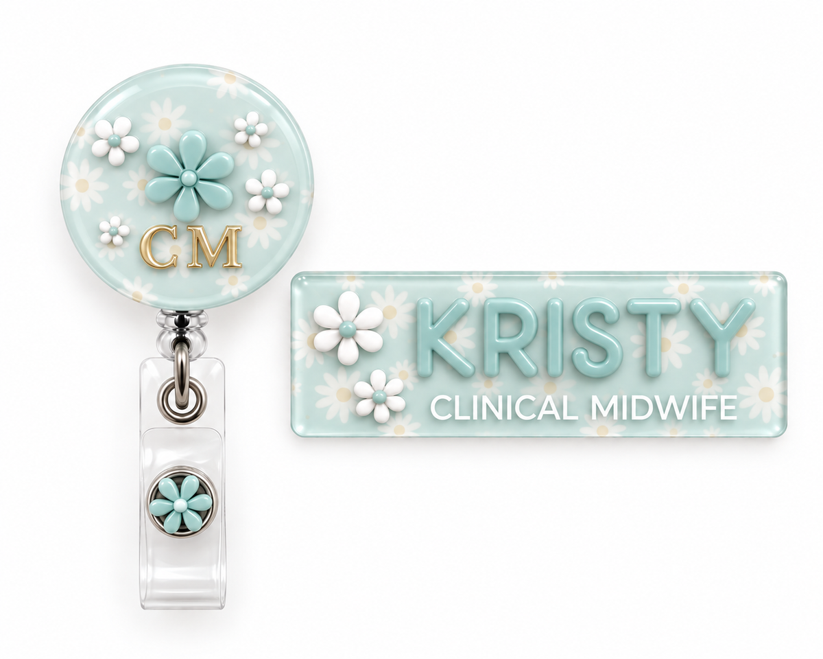 Mint daisy badge reel with gold 'CM' initials and matching 'Kristy – Clinical Midwife' personalised name badge
