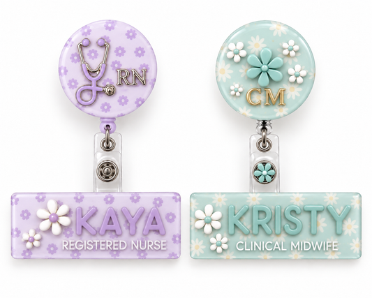 Mint daisy retractable badge reel with 3D flowers and gold 'CM' initials for a clinical midwife