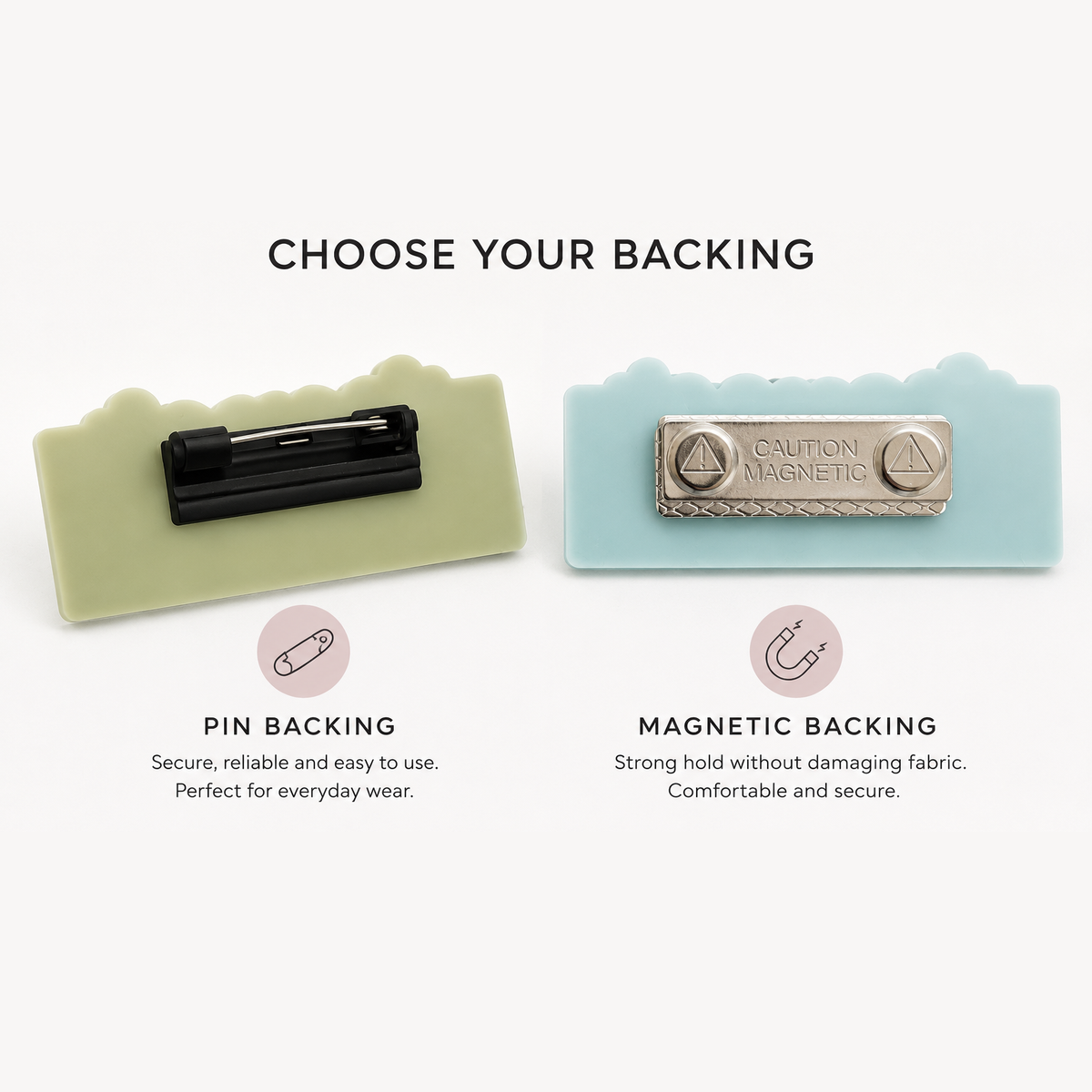 Pin backing and magnetic backing options shown on personalised acrylic name badges