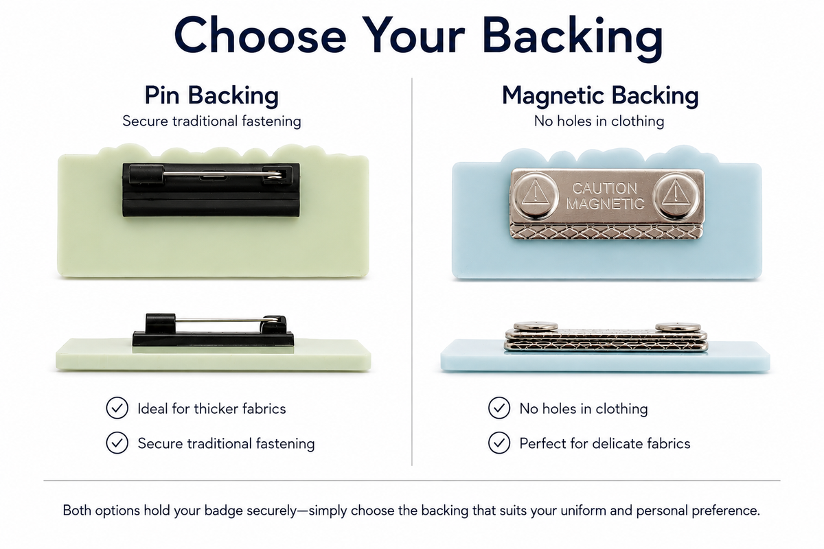 Pin backing and magnetic backing options for personalised acrylic name badges