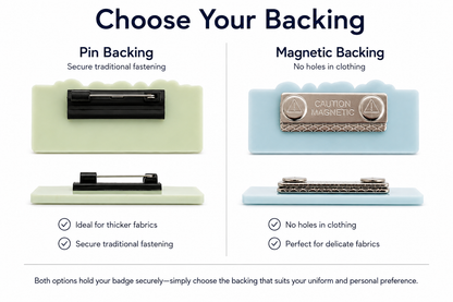 Pin backing and magnetic backing options for personalised acrylic name badges