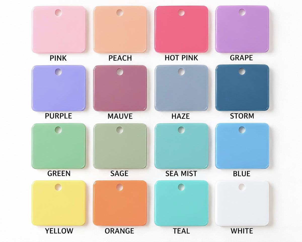 Acrylic colour chart for the personalised name badge reel showing pink, peach, hot pink, grape, purple, mauve, haze, storm, green, sage, sea mist, blue, yellow, orange and teal