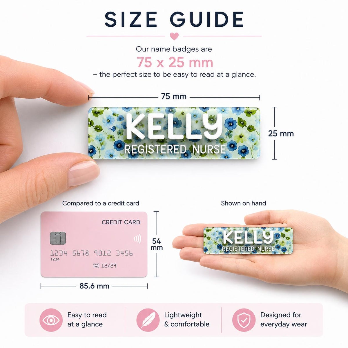 Size guide for a 75 x 25 mm personalised name badge shown next to an ID card
