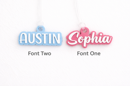 Bag tag font options: Font One script shown as Sophia and Font Two bold capitals shown as AUSTIN