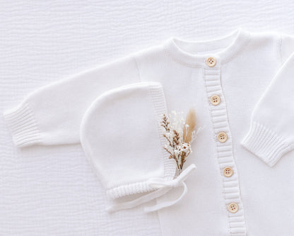 Ollie and Echo | White Knitted Baby Romper