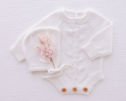 Ollie and Echo | Knitted Leaf Romper White