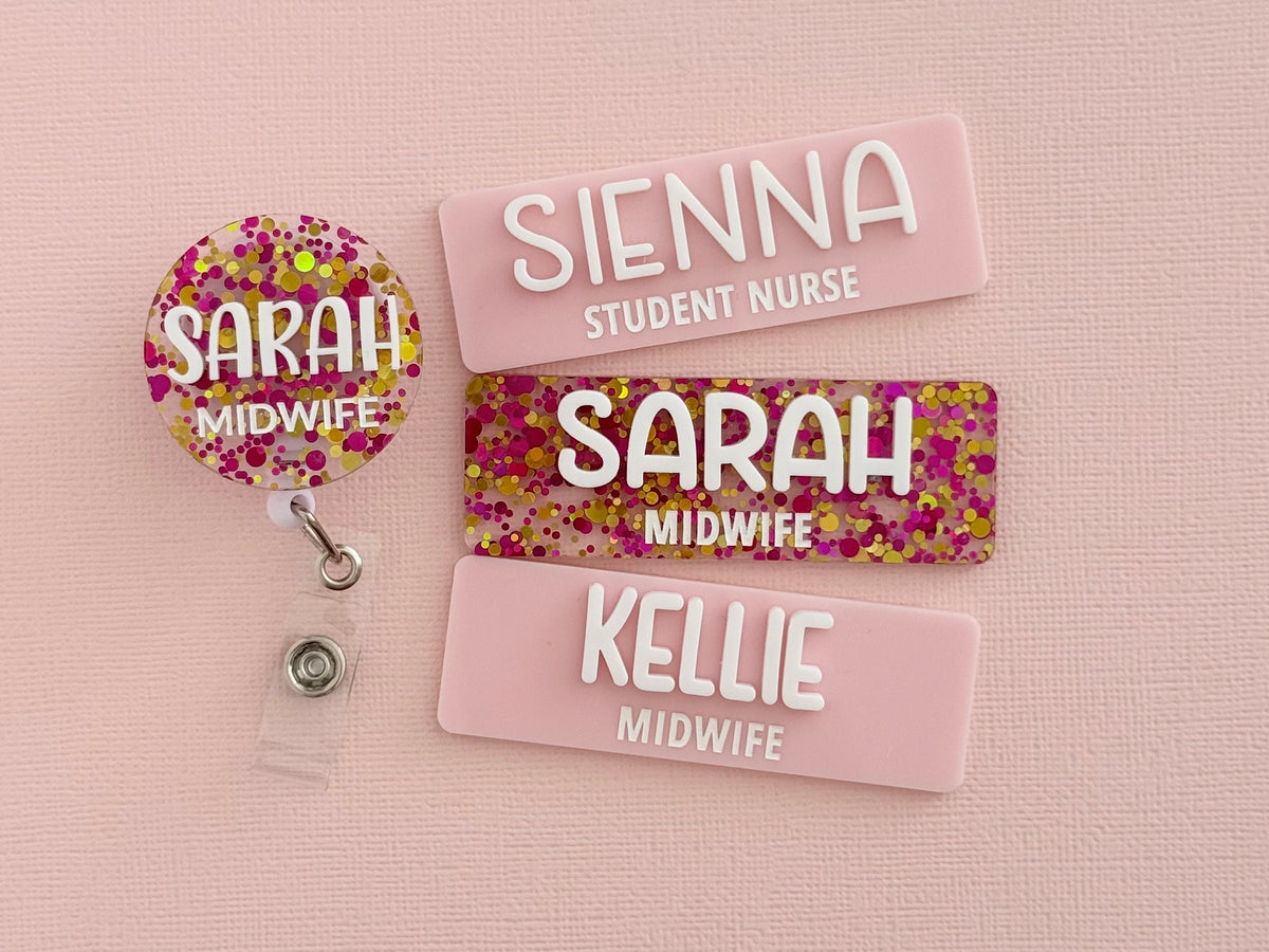Pink glitter Sarah Midwife name badge with matching glitter badge reel and pastel pink name badges