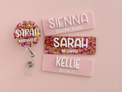 Pink glitter Sarah Midwife name badge with matching glitter badge reel and pastel pink name badges
