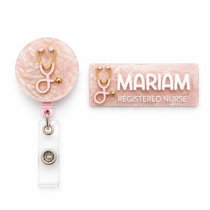 Pink marble nurse name badge with stethoscope