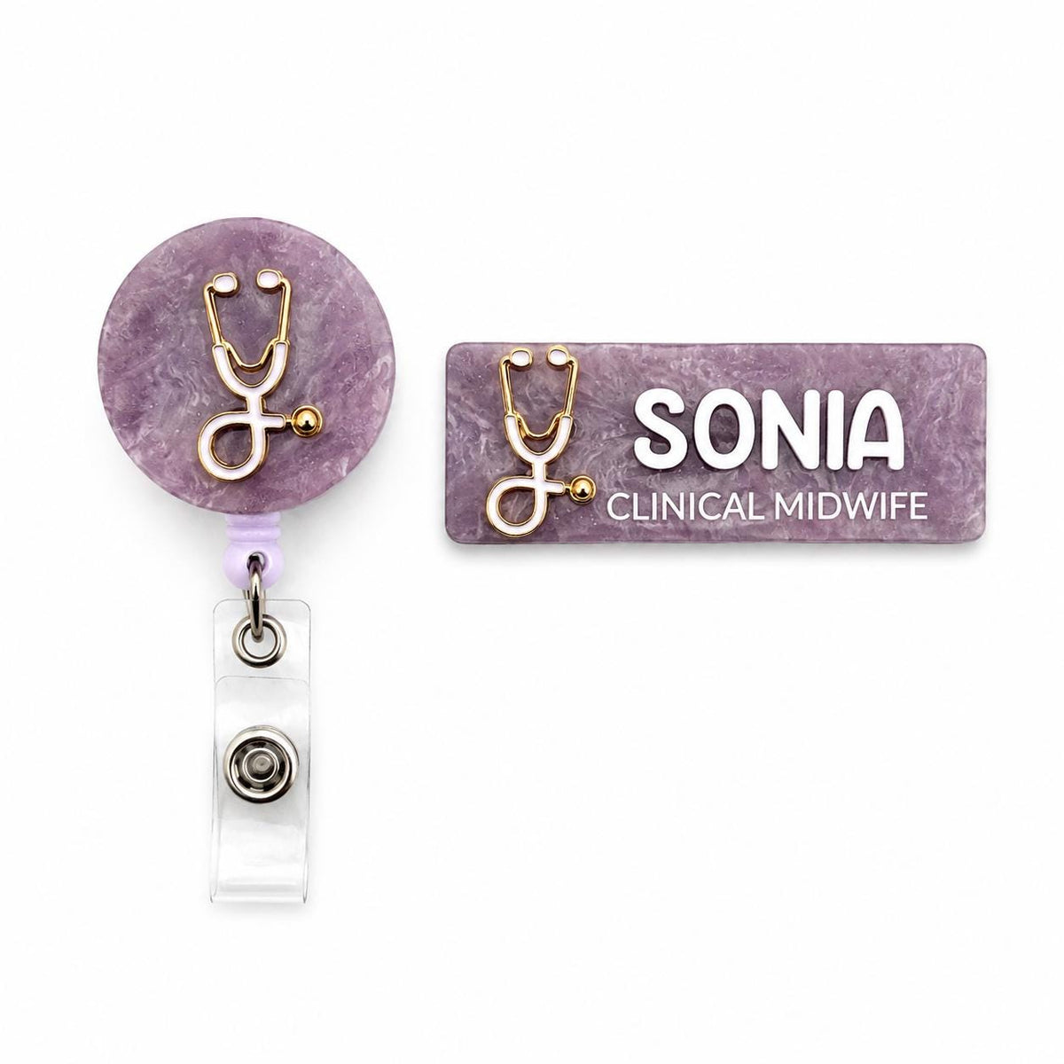 Purple marble clinical midwife name badge