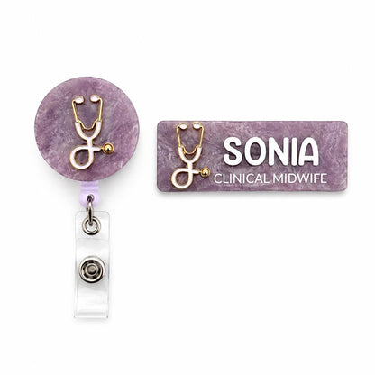 Purple marble clinical midwife name badge