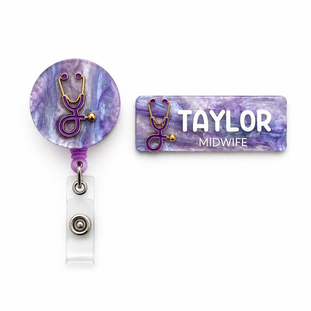 Purple marble midwife name badge with stethoscope