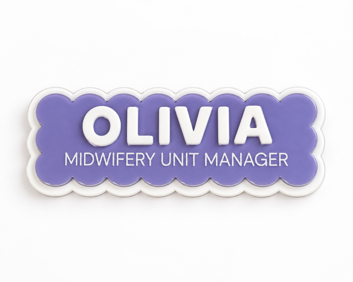 Purple scalloped name badge reading 'Olivia – Midwifery Unit Manager'