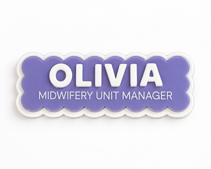 Purple scalloped name badge reading 'Olivia – Midwifery Unit Manager'